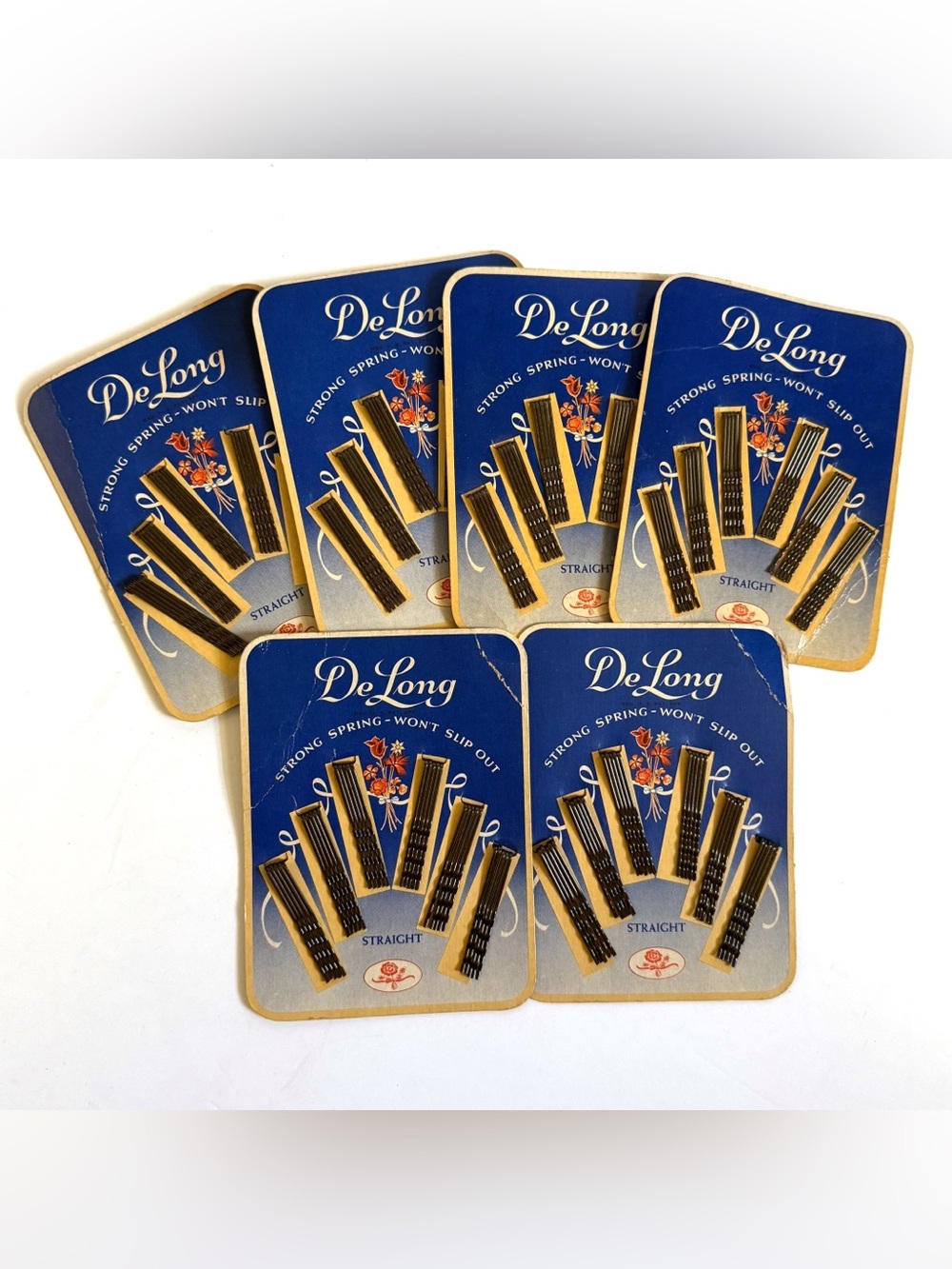Vintage 1941 DeLong Bobby Pins Lot 6 Cards Hairpins Advertising WWII